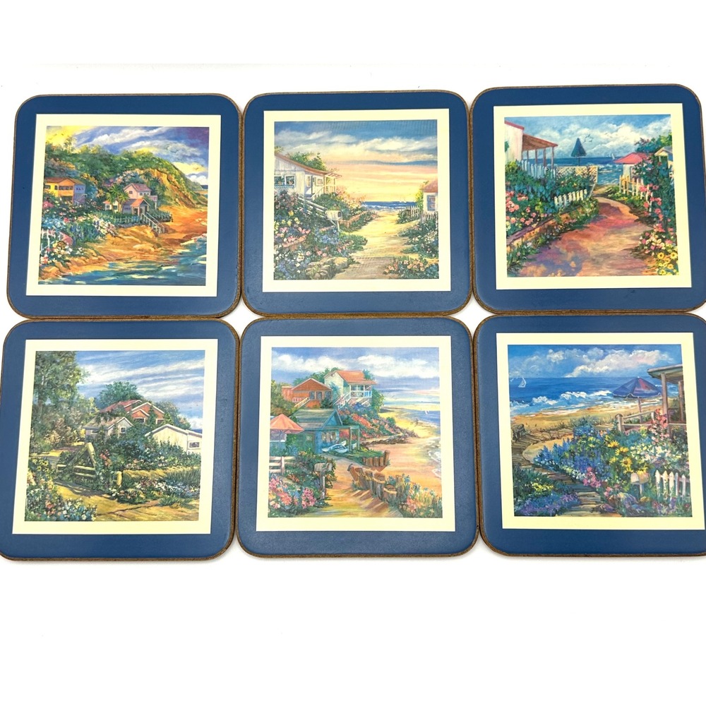 Pimpernel Coasters Set of 6 Coastal Beach Cottage Scenes Cork Back Made England